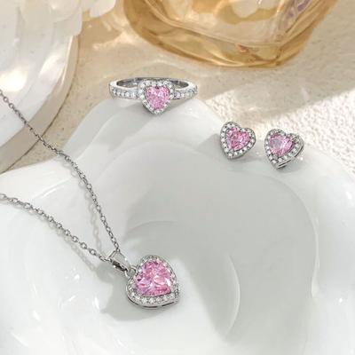 Silver Color Sweet Pink Zircon Love Heart Pendant Necklace Earrings Ring for Women Girls Stainless Steel Chain Jewelry Set Gifts