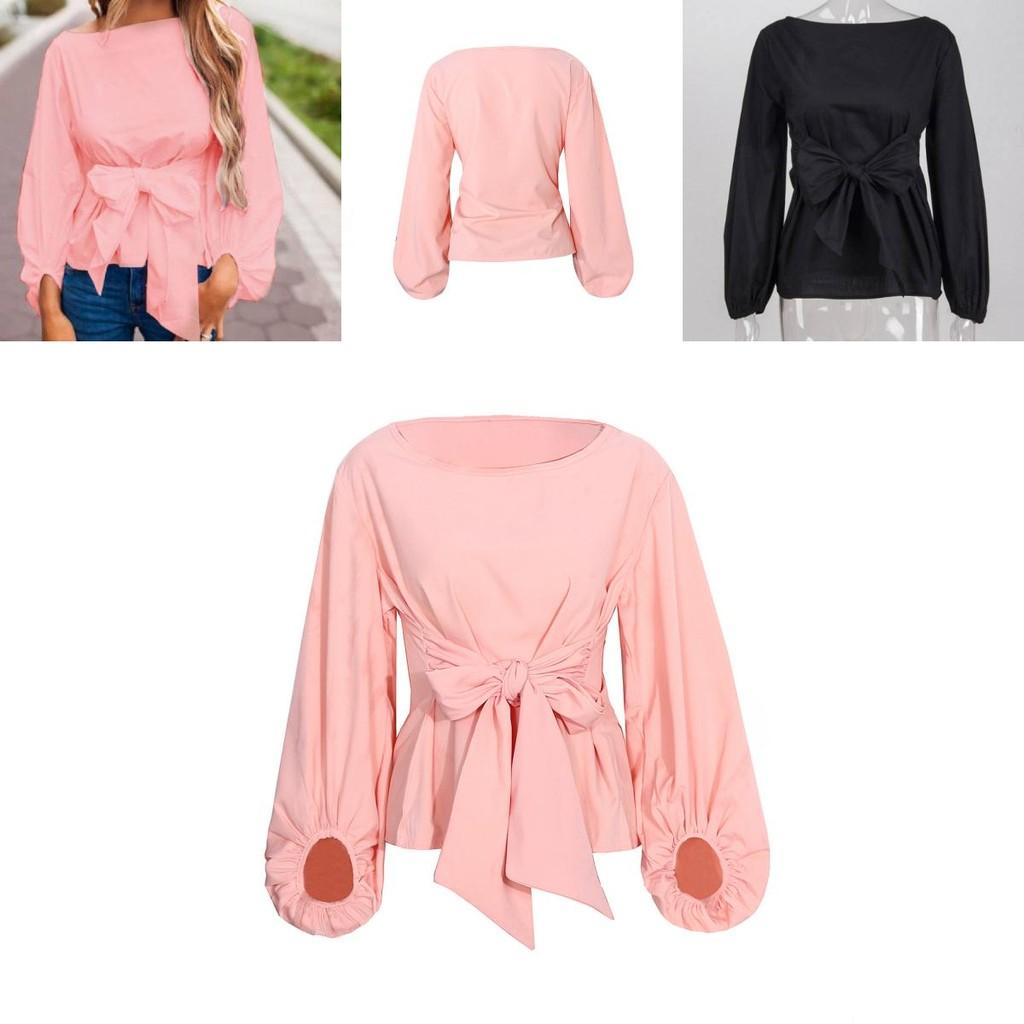 Trendy Loose-fit Chiffon Lantern Sleeve Top With Bowknot For Women Spring