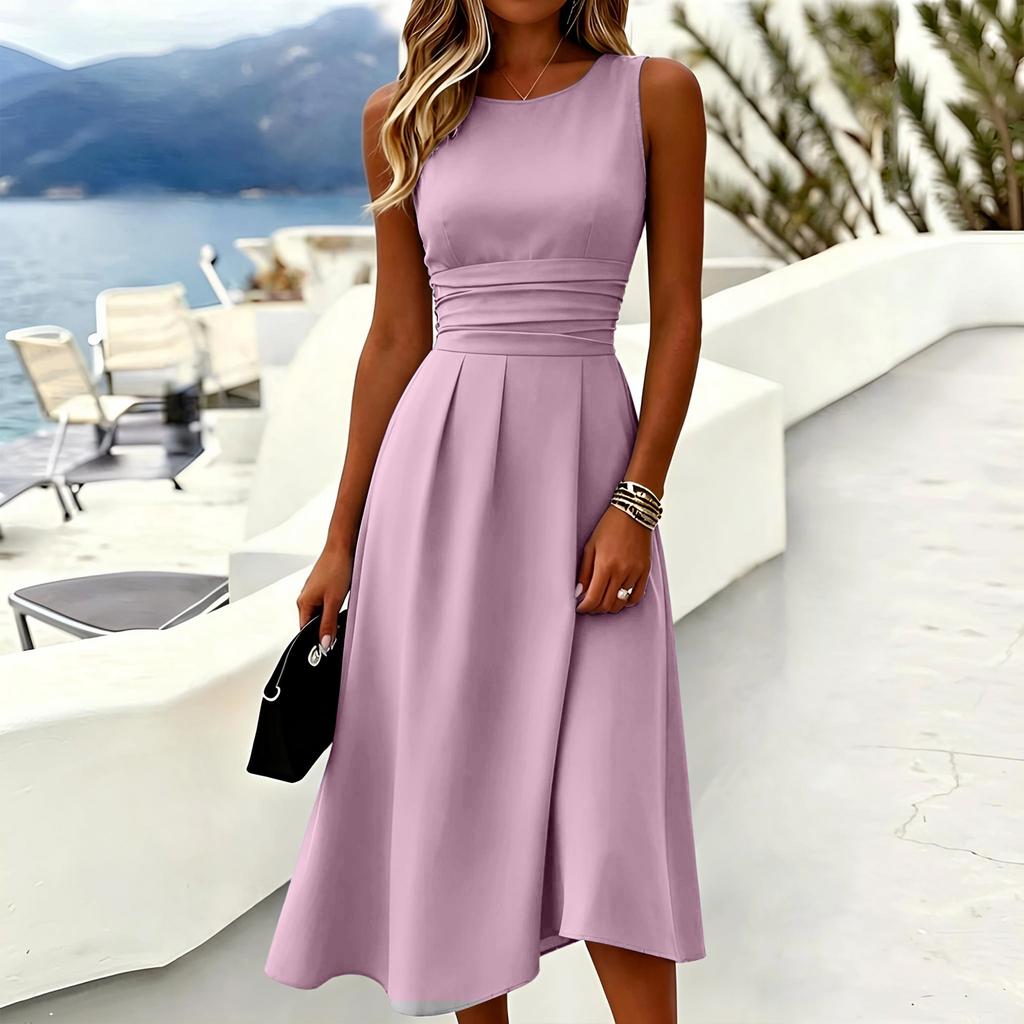 Sleeveless Casual Midi Dress for Women Round Neck Sleeveless Dress with Waistband Elegant Fit and Flare Style Suitable for Daily Wear and Events