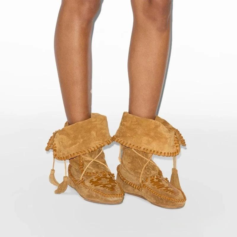 Moda 2025 Nowość Brązowe Z frędzlami Szyte szwem biczowym Zamszowe Kozaki Damskie Okrągły Czubek Skóra Podwyższane Kozaki do Połowy Łydki Letnie Miękkie Buty na Imprezę
