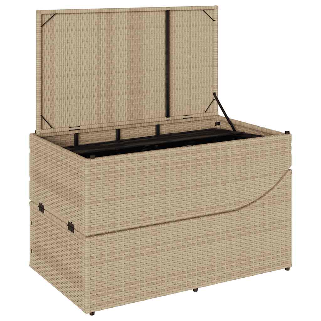 Folding Sun Lounger with Cushion and Storage Space Beige Poly Rattan
