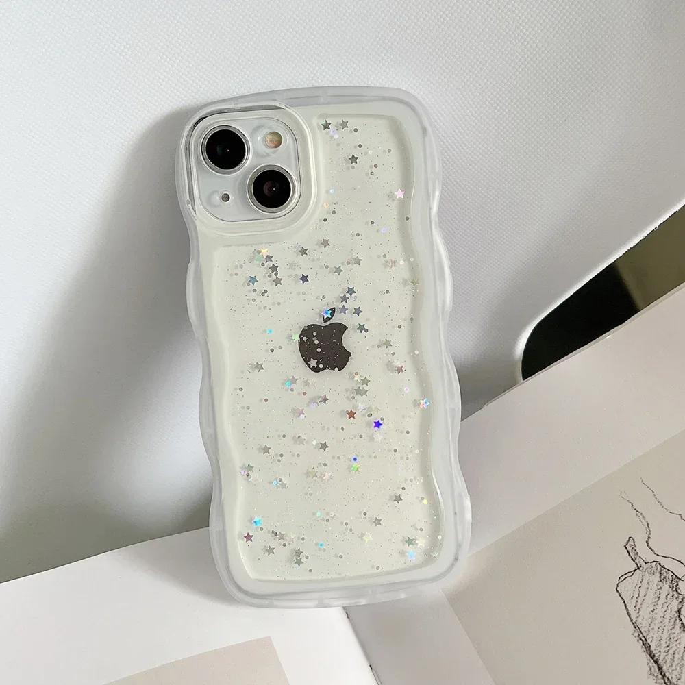 for iPhone 16 15 14 13 12 11 Pro Max Mini XR SE 7 8 Plus Case Cute Clear Drip Glue Star Curly Wave Hybrid Shockproof Soft Cover