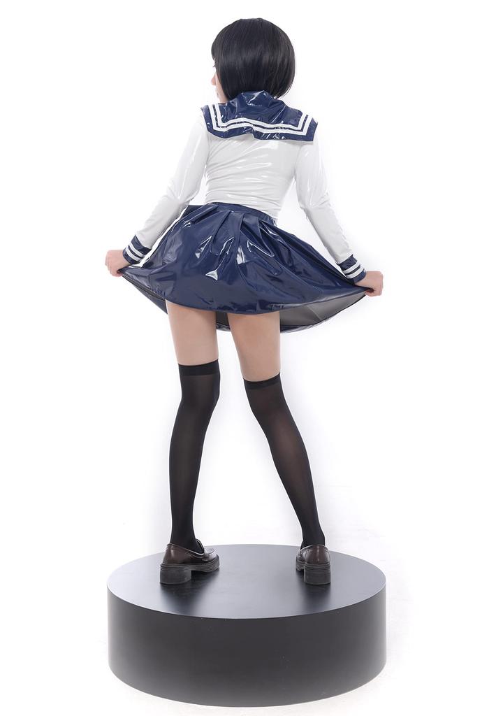 [LOST-G] Mundurek szkolny dla dziewcząt, strój marynarski z długim rękawem, cosplay, dla pań, biały, z granatowym kołnierzykiem w podwójne paski, uroczy, PU laser (L, BIAŁY&GRANATOWY)