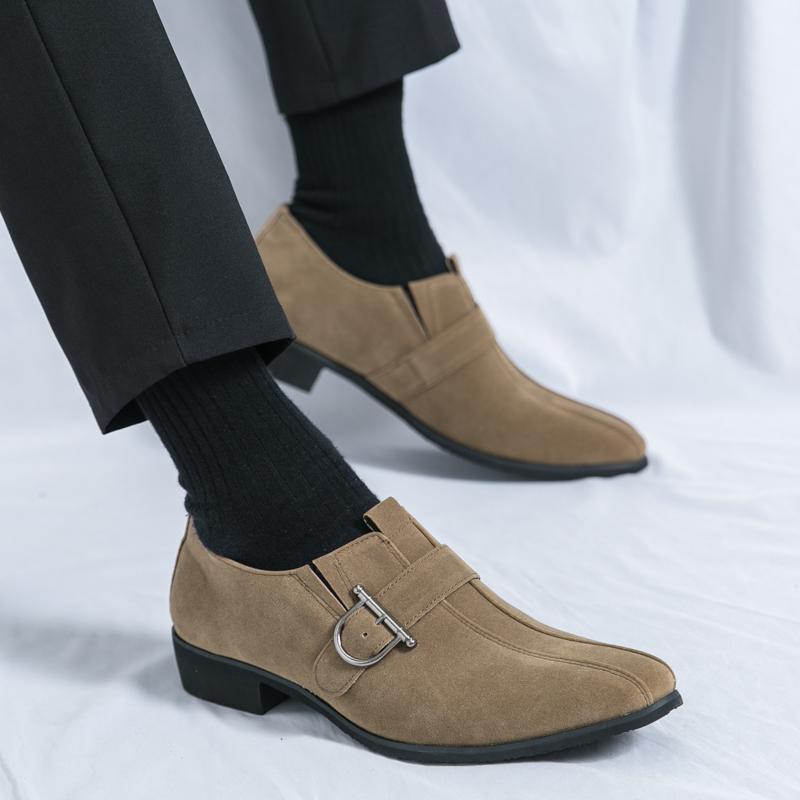 Fashion Brand Men's Pointed Suede Loafers Fashionable Korean Style Slip-on  Buckle Leather Shoes Commuting Business Casual Leather Shoes