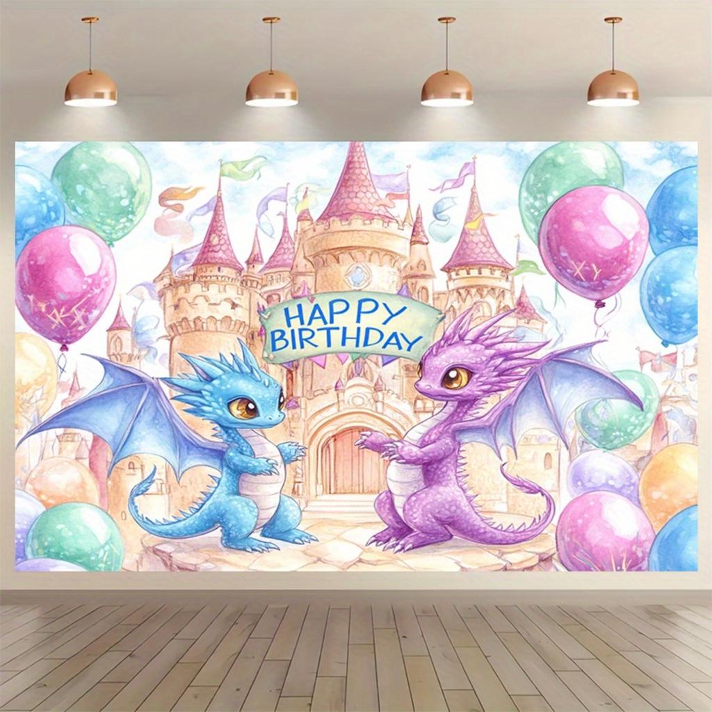 2D Flat Design 1-piece Birthday Happy Magic Dragon Castle Balloon Background Fabric Suitable for Garden Decoration