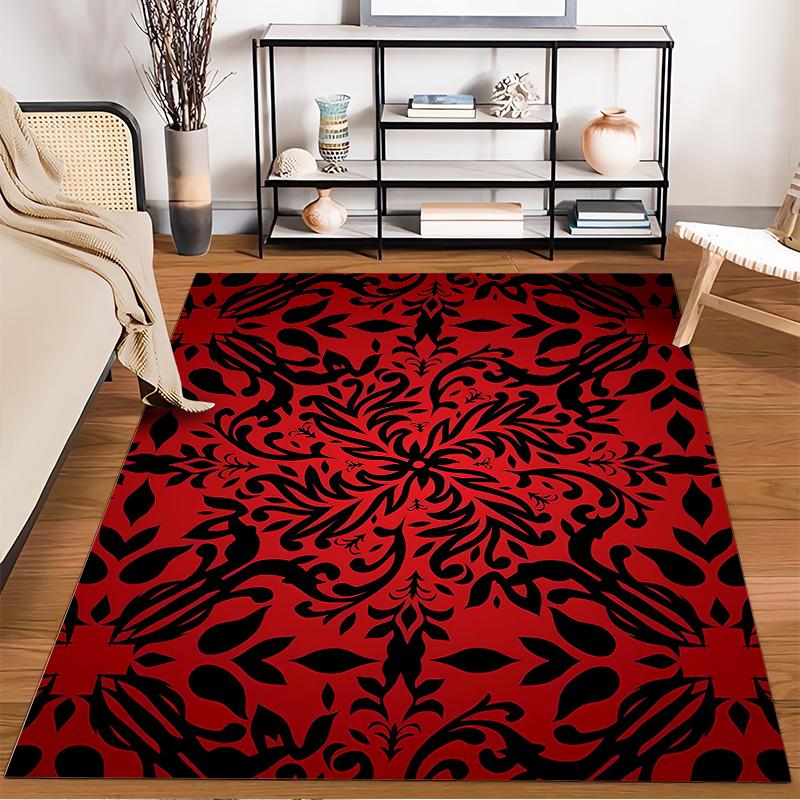 Red and Black Floral Pattern Area Rug, Modern Decorative Carpet Design Suitable for Use As an Anti-slip for Living Room Bedroom Sofas