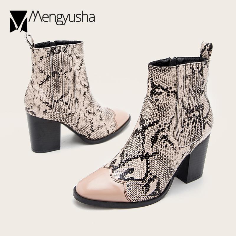 Fashion Sexy Serpentine Boots Woman Mixed Color Snake Prints Shoes Chunky High Heels Riding Botas Female Plus Size 36-43 Ankle Booties
