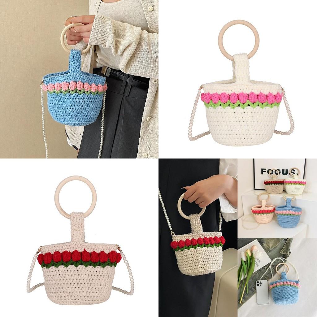 Handcrafted Knit Flower Small Pearl Handbag With Zipper Closure For Daily Use