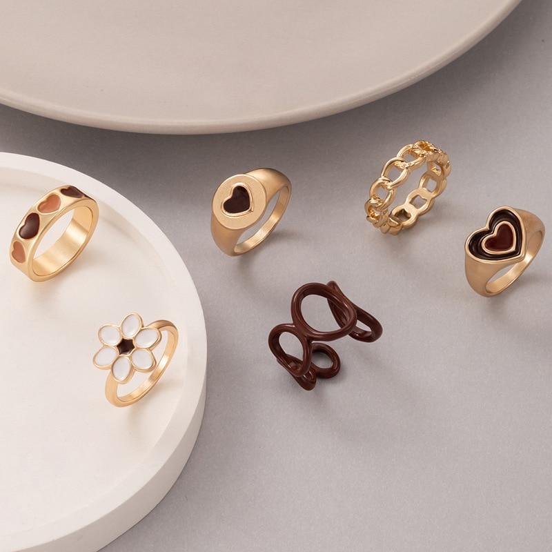 Digadagu 6 -Piece Set Brown Heart -Shaped Dripping Flower Ring Women 'S Popular Retro Ring Banquet Accessories