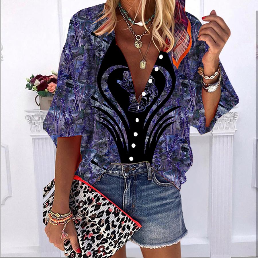 2023 sommer Herbst Neue Mode frauen Tops Liebe Fisch Gedruckt Halbe Hülse Casual Plus Größe Taste-unten Hemd mit Blase Ärmeln