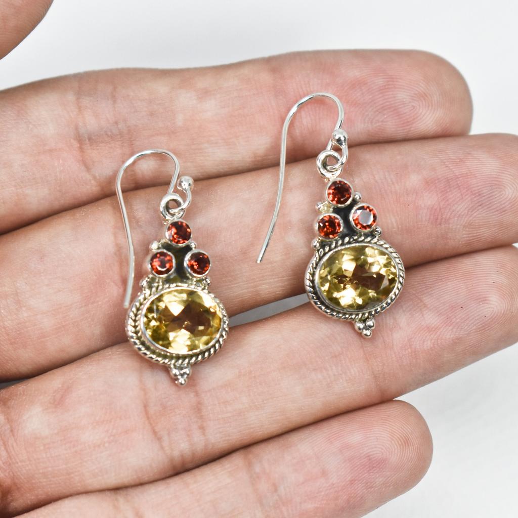 Handmade Gemstone Jewelry 925 Sterling Silver Garnet & Citrine Earrings Dangle Earrings