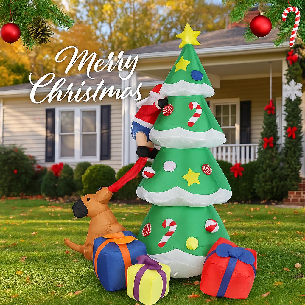 6.9FT LED Light Christmas Inflatable Yard Decorations Santa Claus Climbe Tree Dog Box Toy Xmas Supplies Ornaments Gifts Holiday