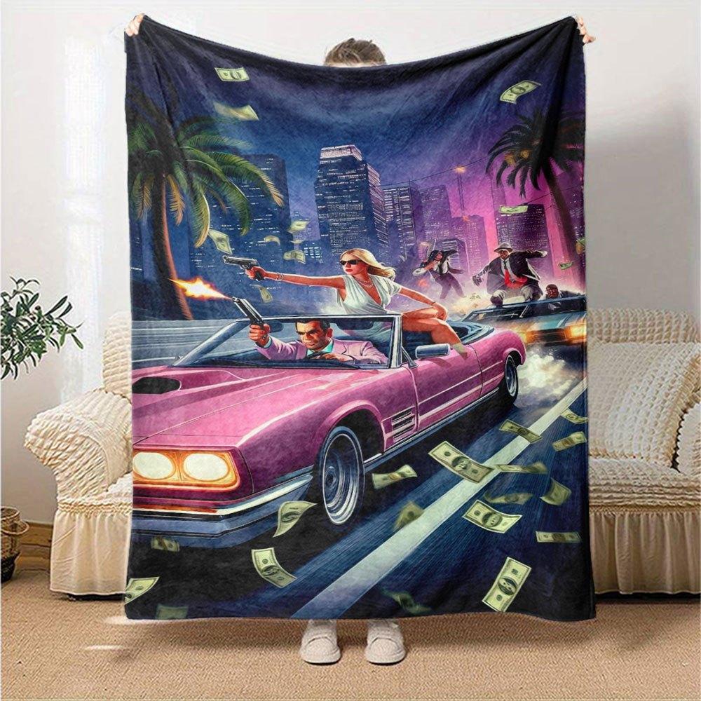 1 Stück Grand Theft Auto Weiche Flanelldecke mit Designer-Print Eine kuschelige Decke für alle Jahreszeiten, perfekt für das Sofa, Bett, Büro