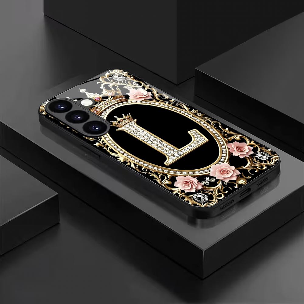 Einzigartige Buchstabe L schwarze Glas-Handyhülle geeignet für Samsung Galaxy S26 S25 S24 S23 S22 S21 S20FE/Ultra/Plus sturzsichere Rückseite
