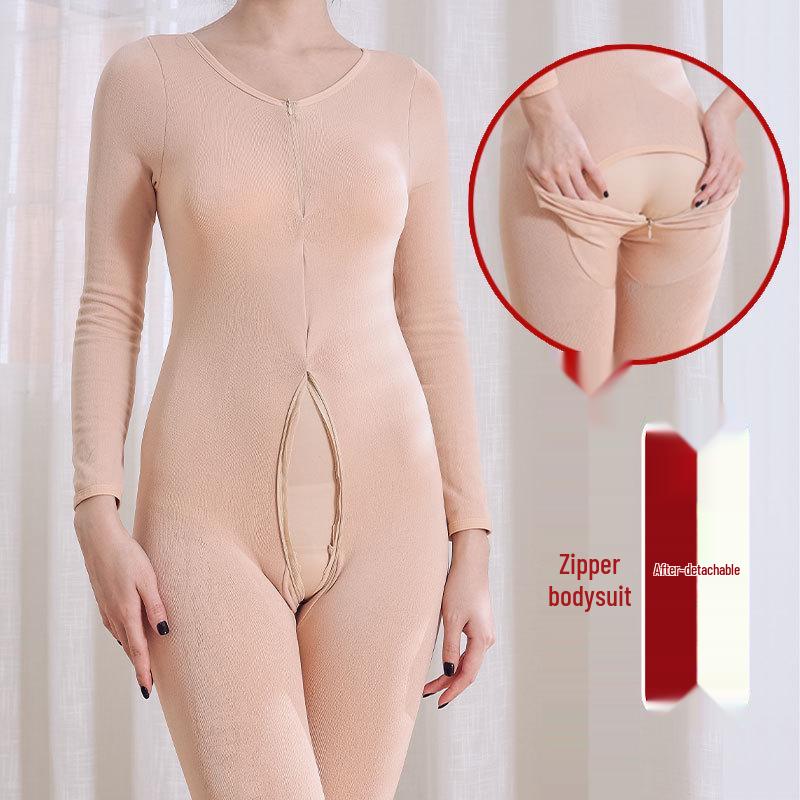 Unisex Plus Size Thick Fleece Backless Bodysuit with Zipper and Crotchless Design for Cold Weather