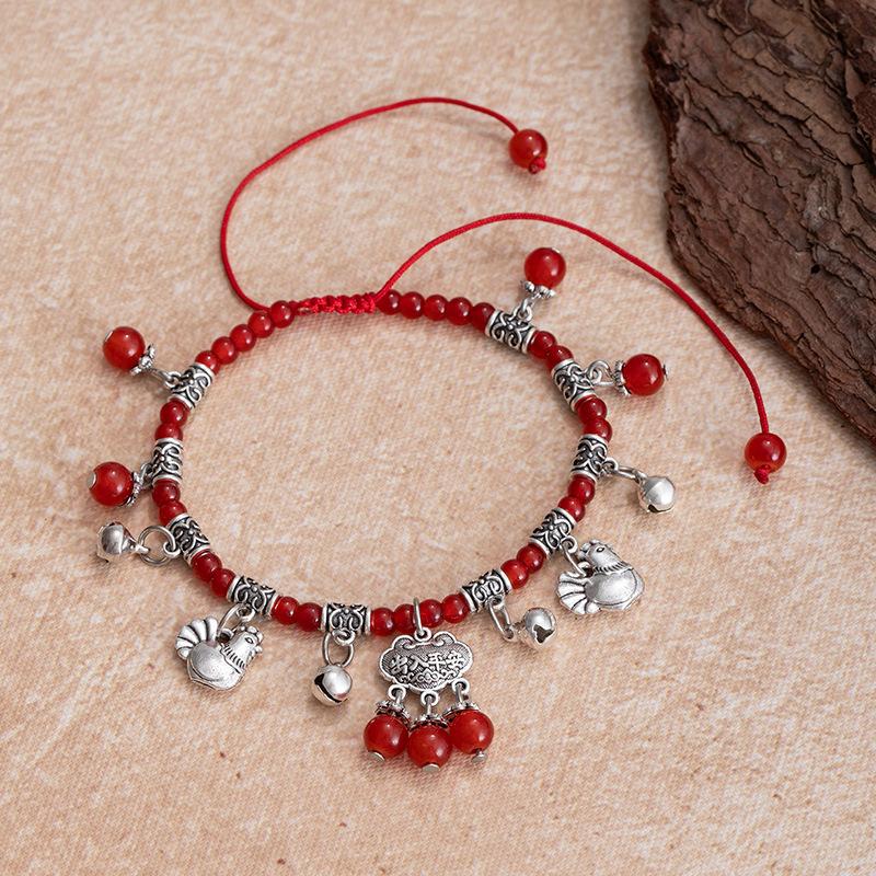 Imitation Red Agate Zodiac Foot ChainRed Rope Bell Hidden Silver Peace Lock Foot Rope Accessory