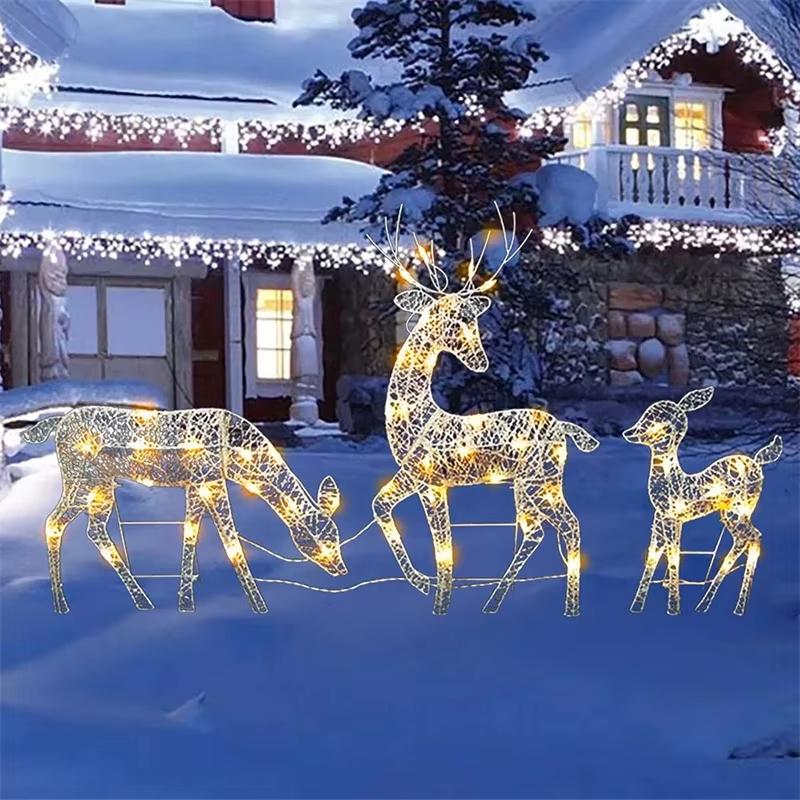 3Pcs Iron Art Elk Deer Christmas Garden Decoration With LED Light Glowing Glitter Reindeer Xmas Home Outdoor Yard Ornament
