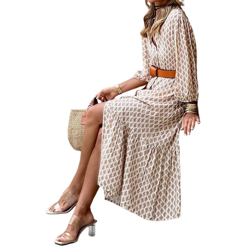 In Stock: 2025 Autumn/Winter V-neck Belted Print Long Dress