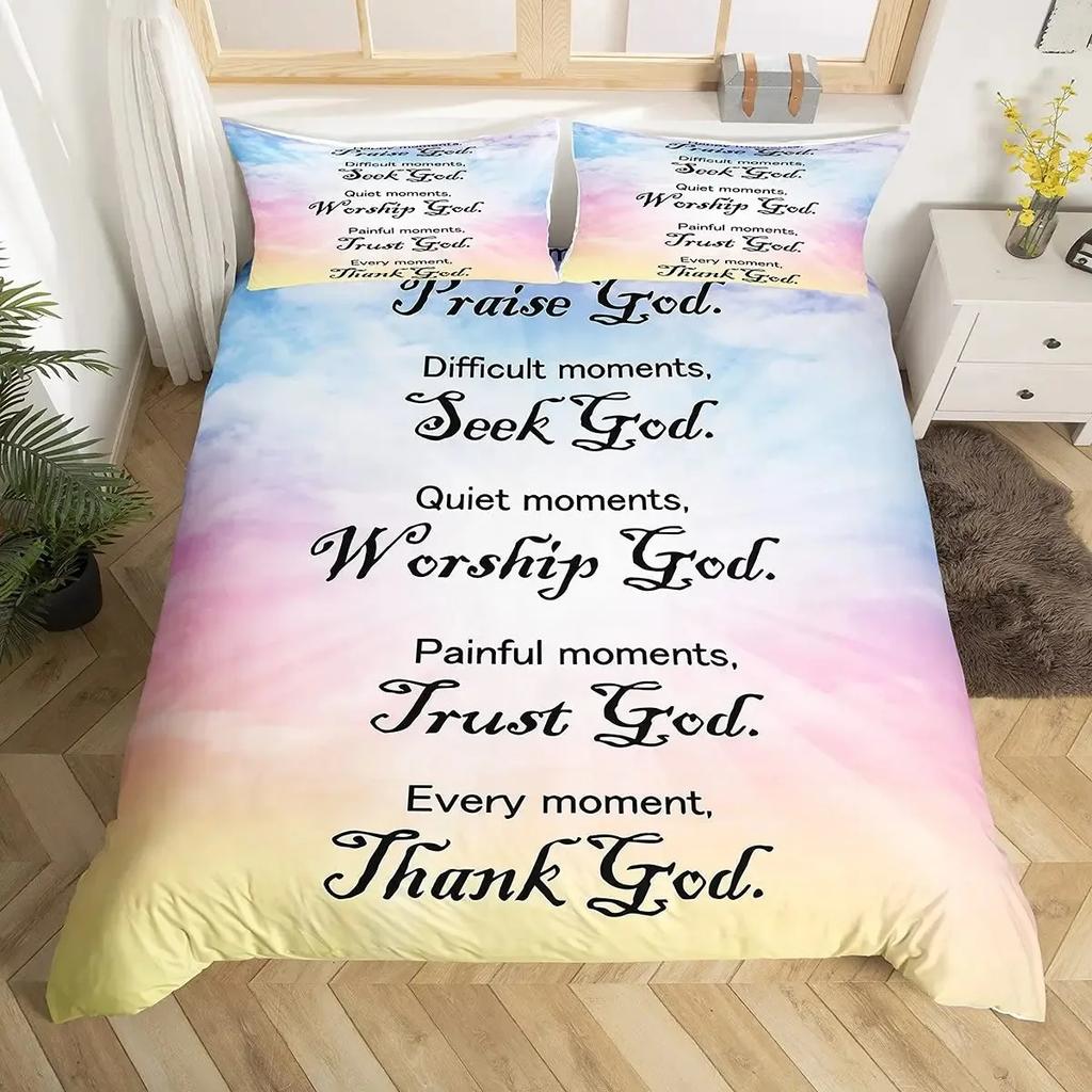 Christian Healing Duvet Cover Set with Inspirational Thoughts and Prayers Women Bedding Sets Colorful Sky Bedspreads Cover Queen