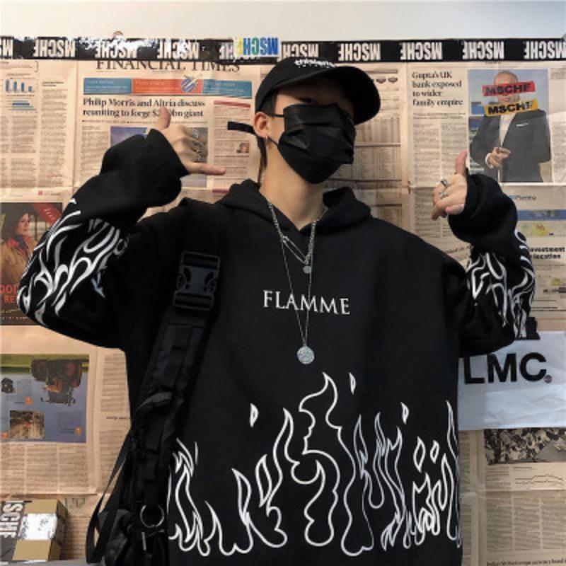 Sudadera con Capucha para Estudiantes para Hombre, Jersey de Manga Larga con Cuello Redondo, Jersey Creativo con Llamas de Graffiti, Sudadera con Capucha Suelta de Gran tamaño Harajuku