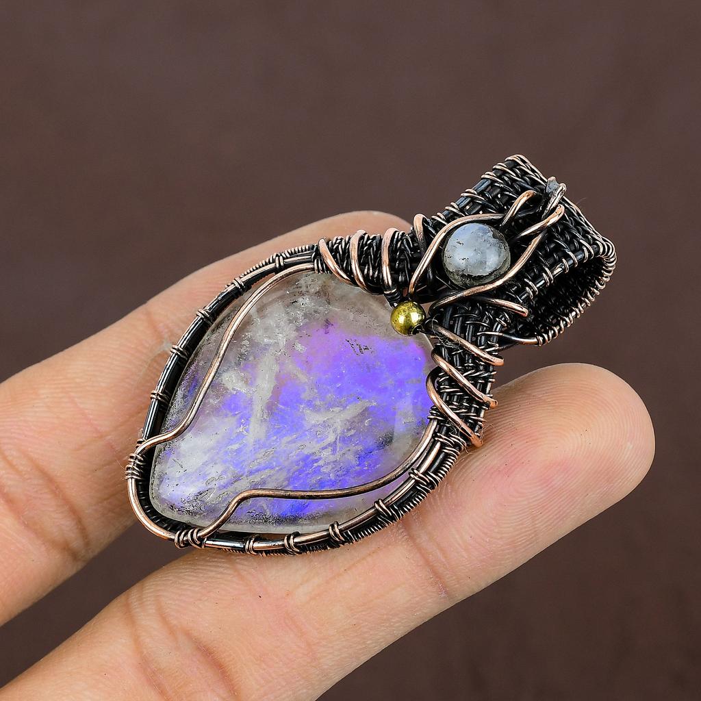 Natural Rainbow Moonstone Gemstone Copper Wire Wrap Pendant Gift 2.35" P4c35