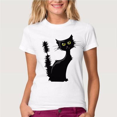 Women Summer T Shirt Trend Black Cat Print Retro Fashion Short Sleeve Tees Casual   Printed  Tops