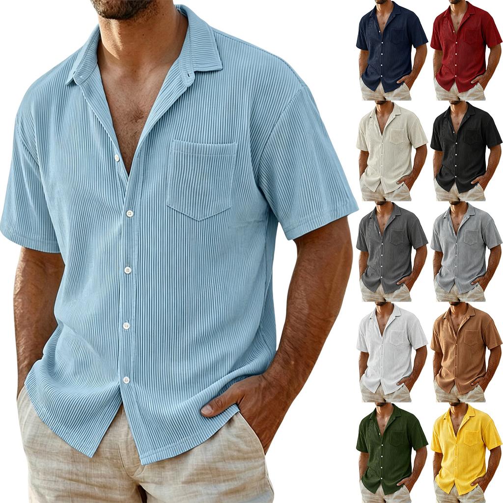 Men Corduroy Shirt Short Sleeve Button Down Casual Loose Fit Collar Pocket Striped Lightweight Summer Shirt