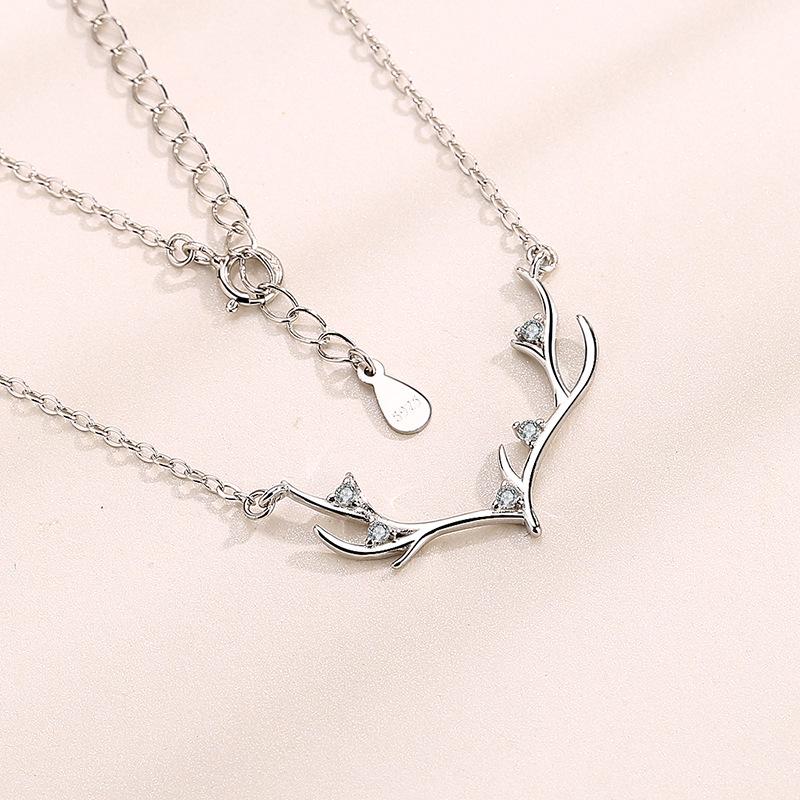 S925 Sterling Silver Reindeer Antler Pendant Necklace - Minimalist Christmas Jewelry for Women