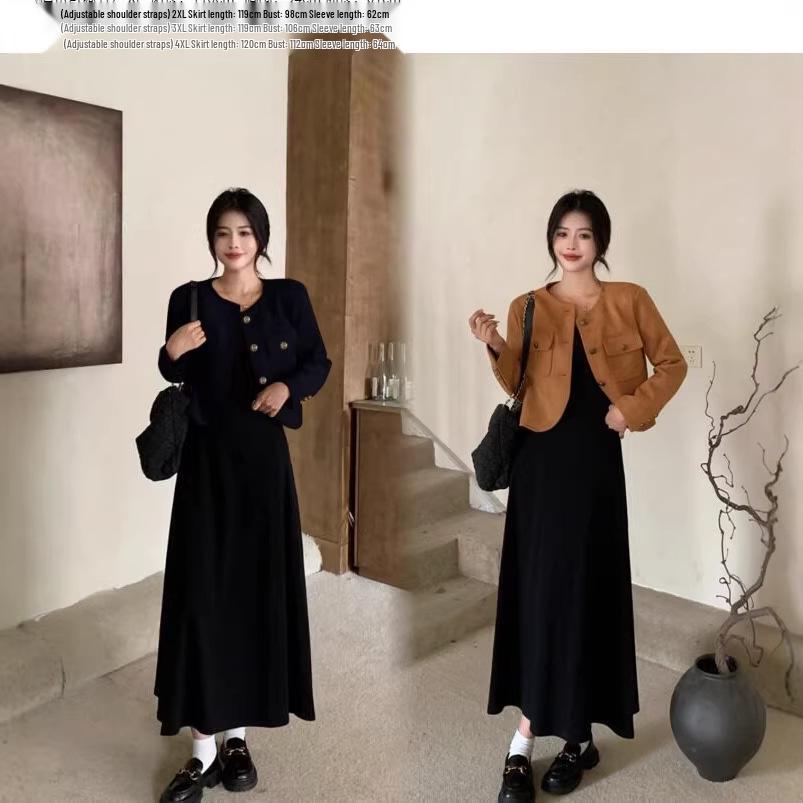 Plus Size Women s Autumn French Style Jacket & Slimming Black Camisole Dress Set 2XL