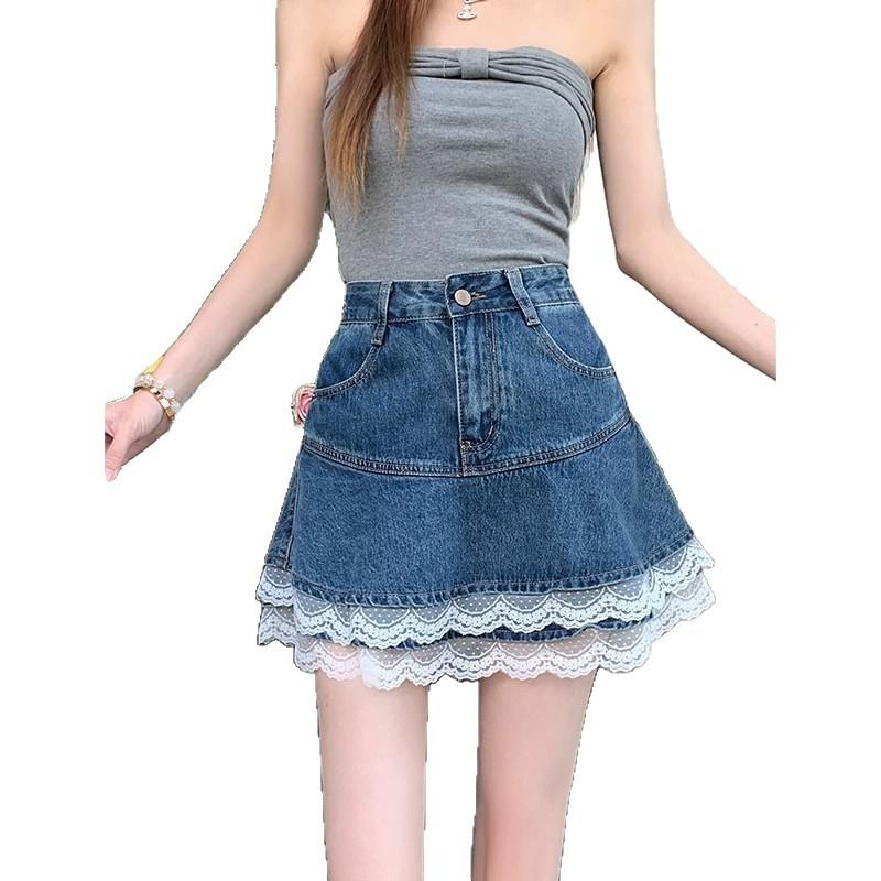 Large Size Retro Cake Denim Skirt Women's Summer Anti-light High Waist Thin Hip Wrap A Word Short Skirt High Waist Dark Wash Denim Skirt