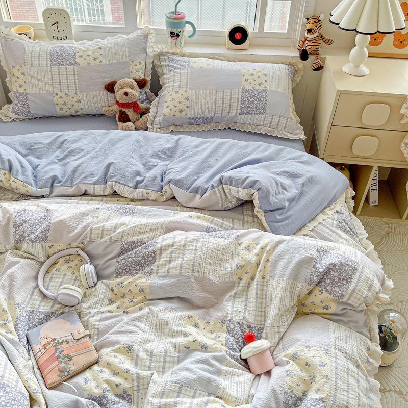 G5Z25 Cloud-Feel 4-Piece Double-Layer Gauze Lace Bedding Set - Washed Cotton Duvet Cover and Bed Sheet, Ins Style.