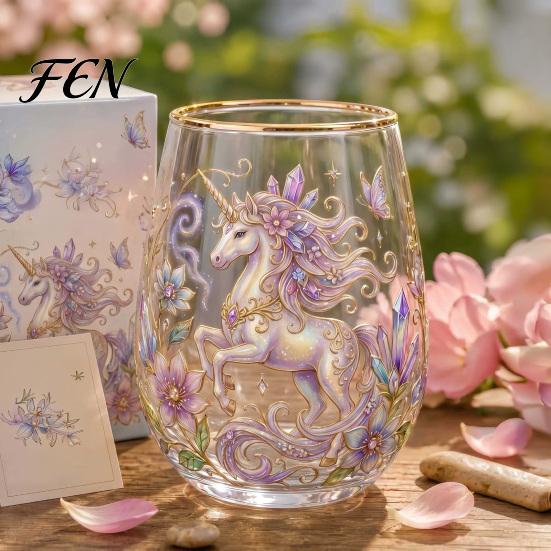 Dekoratives Glas im Waldstil, handbemalter Becher, eiförmige Tasse mit Goldrand, klares bleifreies Party-Glas für Tee, Kaffee, Wein