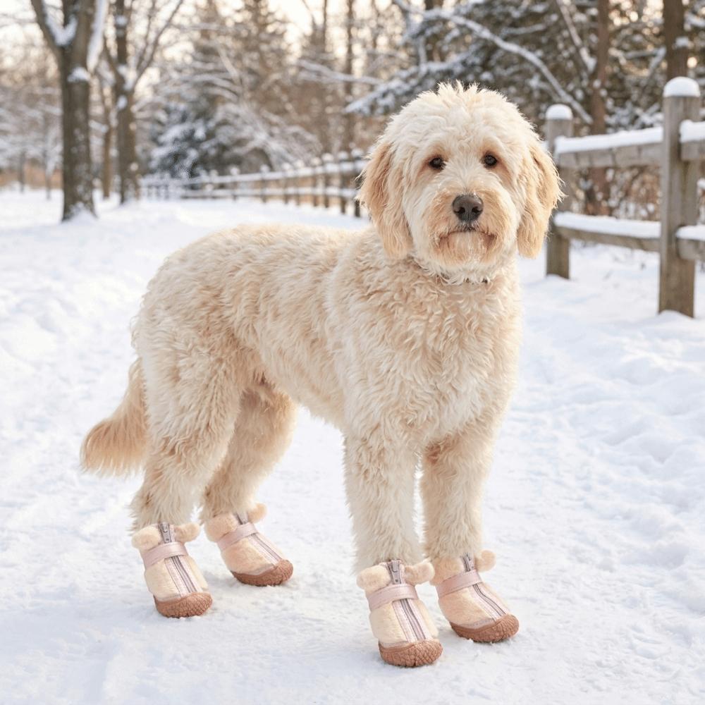 4 PCS/SET Plush Lined Dog Cotton Shoes Thickened Anti-Slip Dog Shoes Winter Dog Snow Boots  Walking