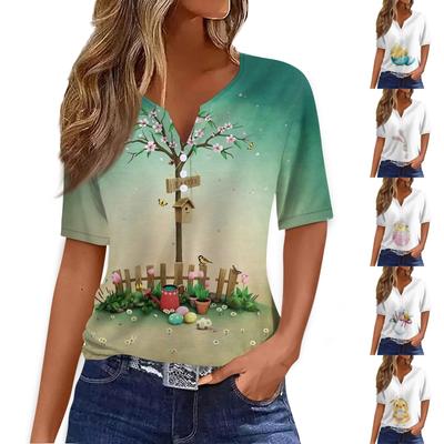 Damenmode Lässig Ostern Bedruckt V-Ausschnitt Kurzarm Zierknopf T-Shirt Top