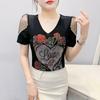 Streetwear Girl Chic Summer T-shirt Fashion Sexy Slim Women Flower Heart Tops Shiny Rose Hot Diamonds Design Tees