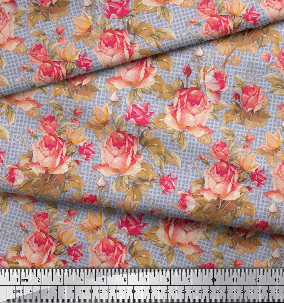 Soimoi Japan Crepe Satin Stoff Sjekk, Blader & Rose Blomstertrykk Sy Stoff meter 42 tommer