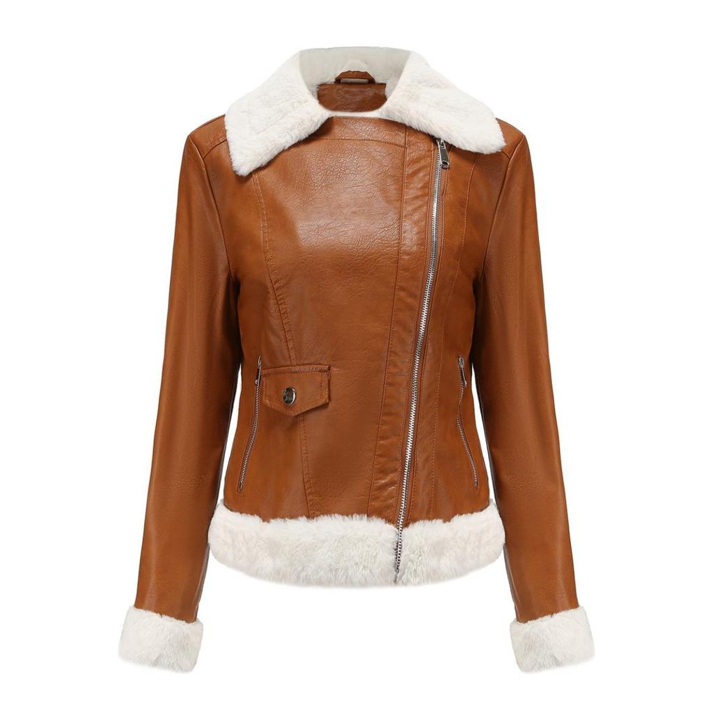 Ladies Jacket Fall and Winter Padded Leather Jacket Female Warm Long-sleeved Lapel Coat Commuter Casual Jacket