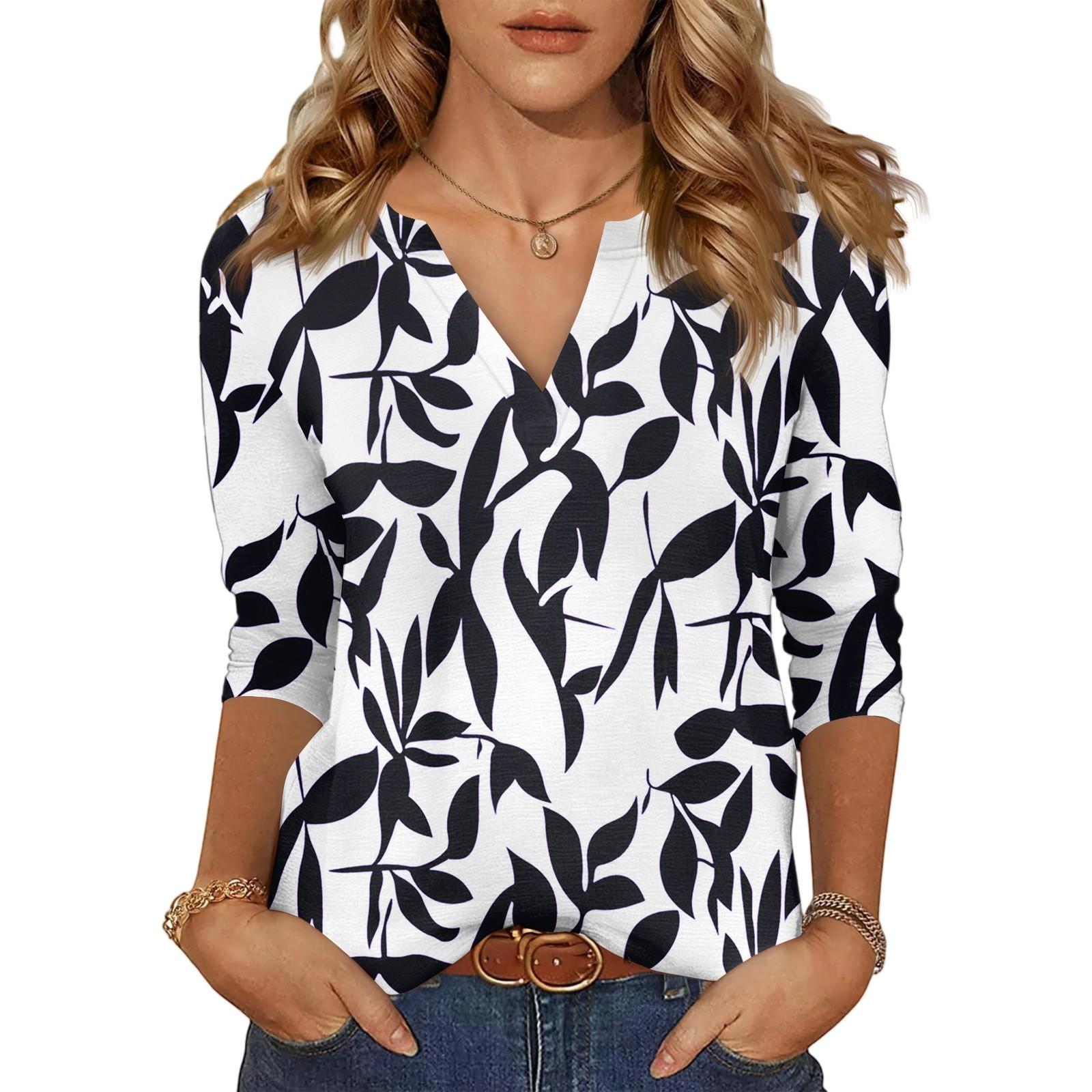 Women s Casual Fashion Sexy Comfortable V-Neck Floral Seven Sleeve Top M