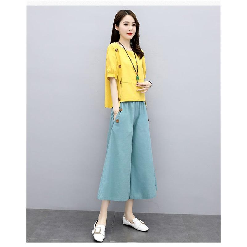 Women's Cotton Linen 2-Piece Set Short Sleeve Blouse & Wide Leg Pants