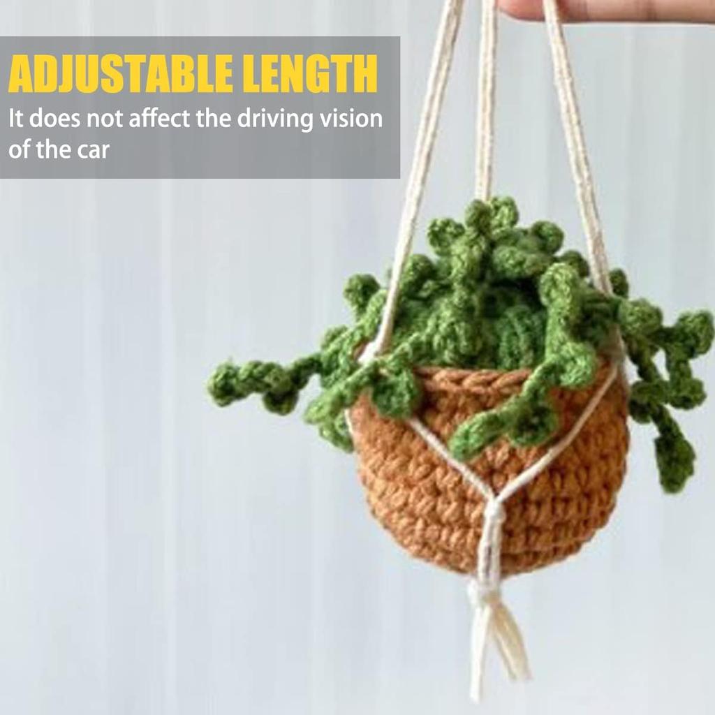 Zipelo Car Rear View Mirror Accessories, Crochet Cute Potted Plants Hanging Handmade Knitted Decor for Women Men, Woven Cute Charms Ornament Pendant,