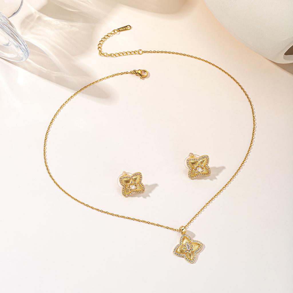 Fashion Four-Petal Flower Jewelry Set Gold Silver Tone Zircon Necklace Earrings for Wedding Party