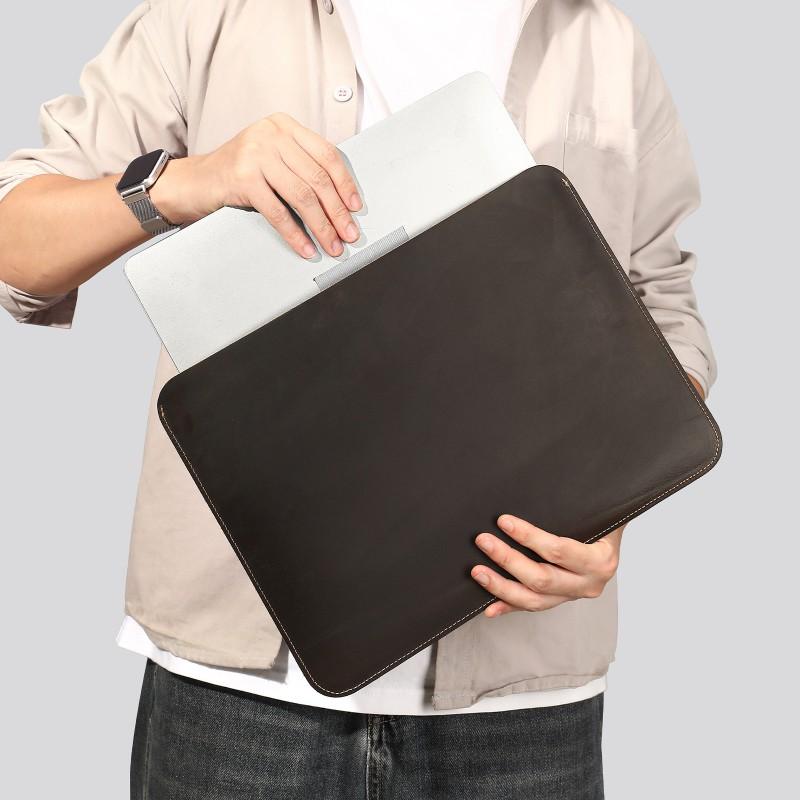 Premium Crazy Horse Leather Laptop Sleeve 13 Inch Notebook Case Horizontal Vertical Style Men Women Retro Minimalist