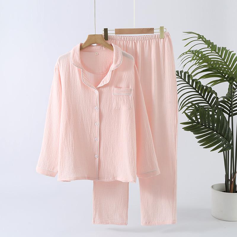 Spring and Autumn New Women's Pajama Set 100% Cotton Solid Color Lapel Long Sleeved Pants Home Furnishing Two Piece Set