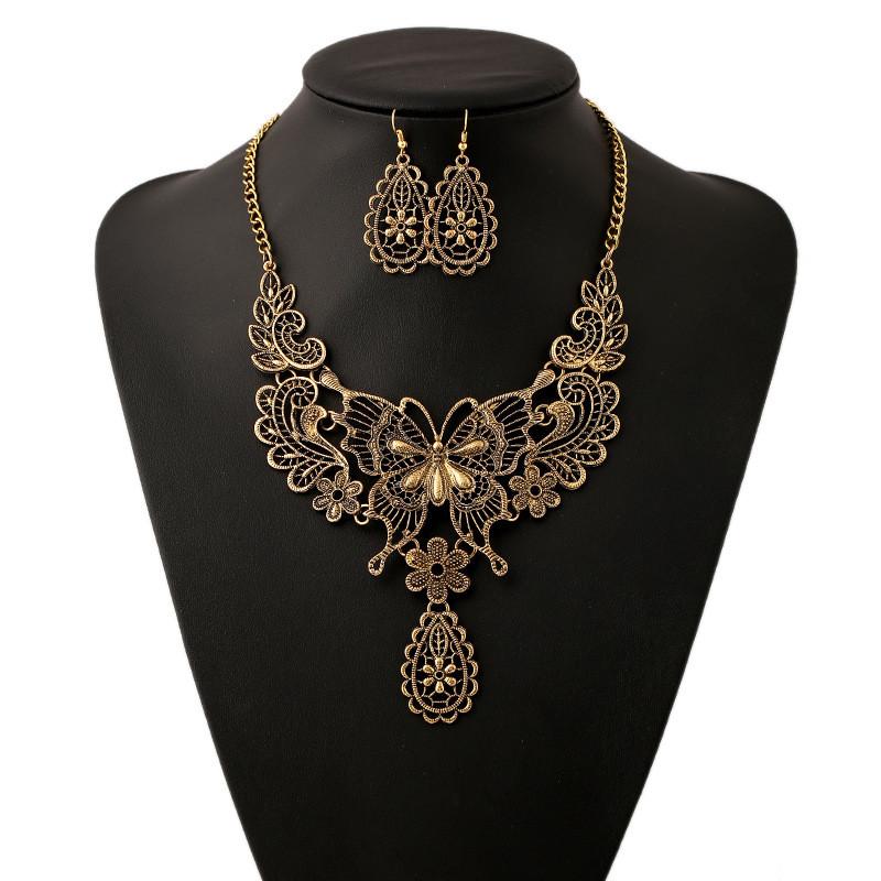 Fashion Hollowed Out Butterfly And Flower Design Women Necklace Earring Set For Women And Men