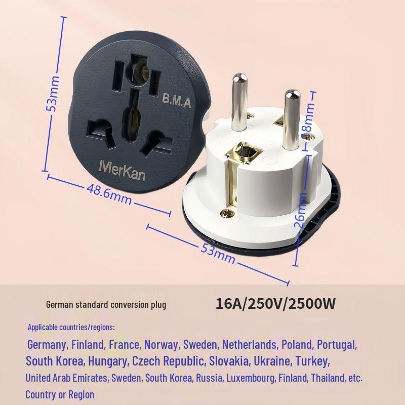 Chunky Pin Multi-Standard Converter Plug: German, European, Thai, Korean, Vietnamese, French, and Bali Standards Compatible.