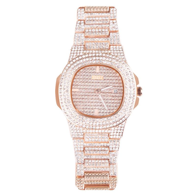 Damen Diamantbesetzte Goldene Mode Quadratische Uhr mit Strass-Kalender & Stahlband