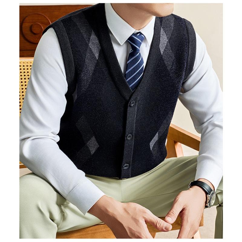 Vestă Tricotată pentru Bărbați Toamnă Iarnă Cardigan fără Mâneci pentru Vârstnici Model în Carouri