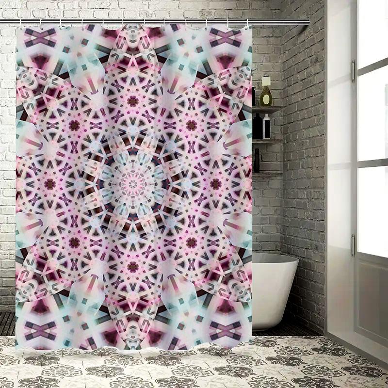 Colorful Pattern Shower Curtain Boho Style Bath Decoration for Home Pink and Blue Floral Design with Tassels