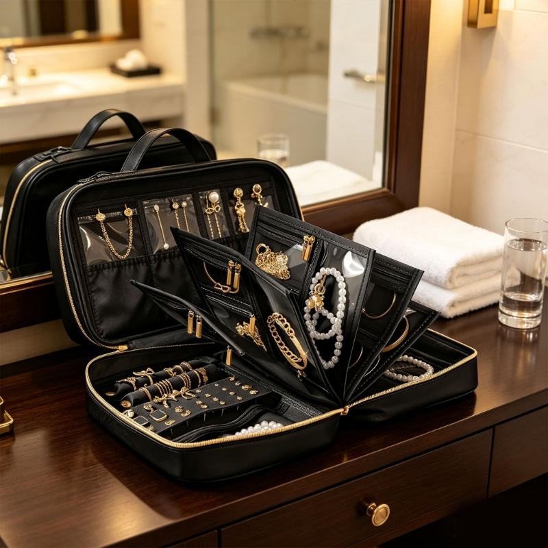 Portable Jewelry Storage Bag with Built-In Carry Handle, Zippered Closure, and Dedicated Holders for Different Pieces