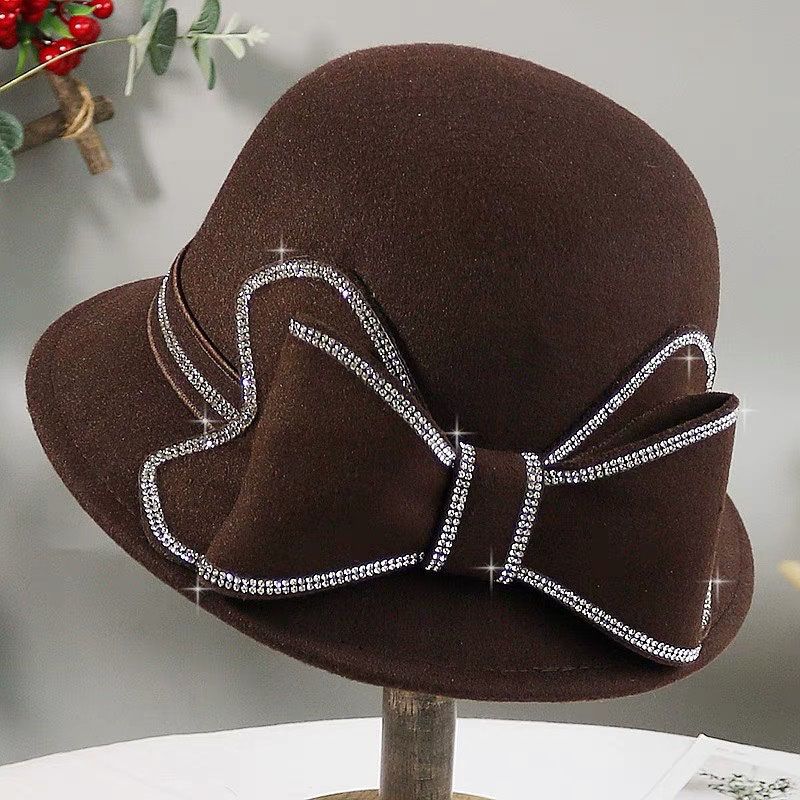 Autumn and Winter Ladies' Handmade Large Bow Pure Wool Beanie Hat Elegant and Versatile Small Rolled Edge Basin Hat for Women